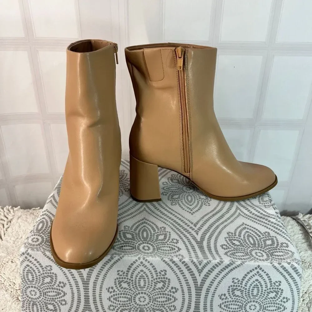 A New Day Tan Almond Toe Side Zip Block Heel Janelle Ankle Dress Bootie Size 11